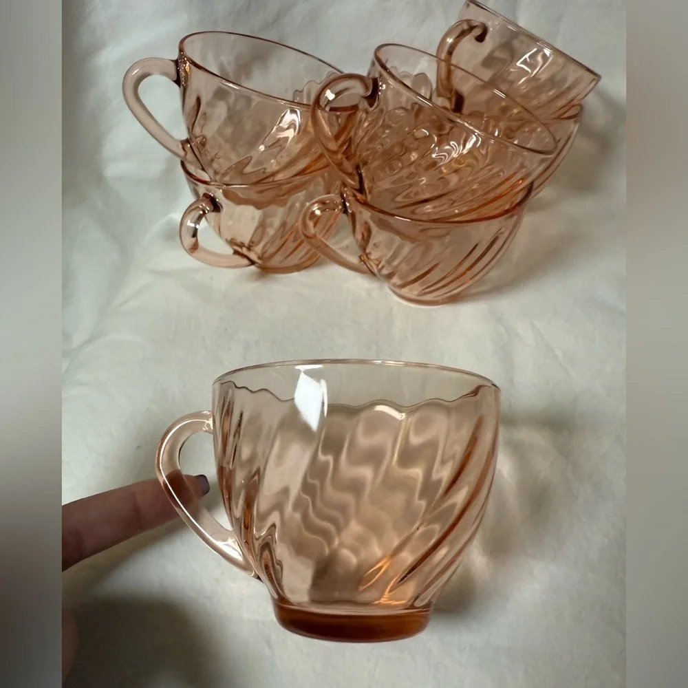 Vintage Arcoroc France French Pink Swirl Rosaline Teacups Set of 8